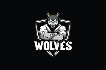 Wolf cartoon with martial arts kimono badge logo vector image template