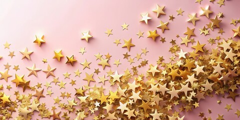 Colorful gold star confetti scattered on a light pink or rose-colored background, creating a festive atmosphere and adding a touch of elegance to any scene , light rose, background