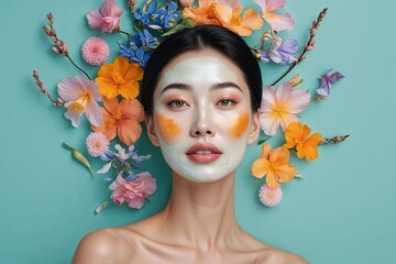 Vibrant Skin of Elegant Asian Woman on Light Teal Background Celebrating Skincare Beauty and Practices