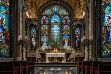 Obraz premium Stained Glass Sacred Imagery Highlighting Architectural Beauty and Religious Importance in Milan Italy