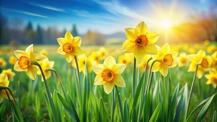 Vibrant daffodil flowers swaying gently in the breeze amidst a lush green field on a sunny day , daffodils, garden