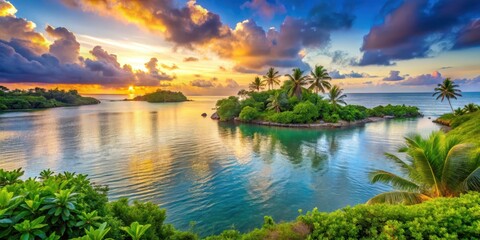 Fototapeta premium A serene ocean view at sunset over Paradise Island with a tranquil lake and lush greenery in the background
