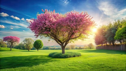 Fototapeta premium A lush green grass lawn in a backyard with vibrant spring flowers blooming around it and a beautiful tree shaped like a heart standing tall amidst nature , Green Grass, Bloom