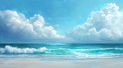 Serene Ocean Scene with White Clouds and Blue Sky