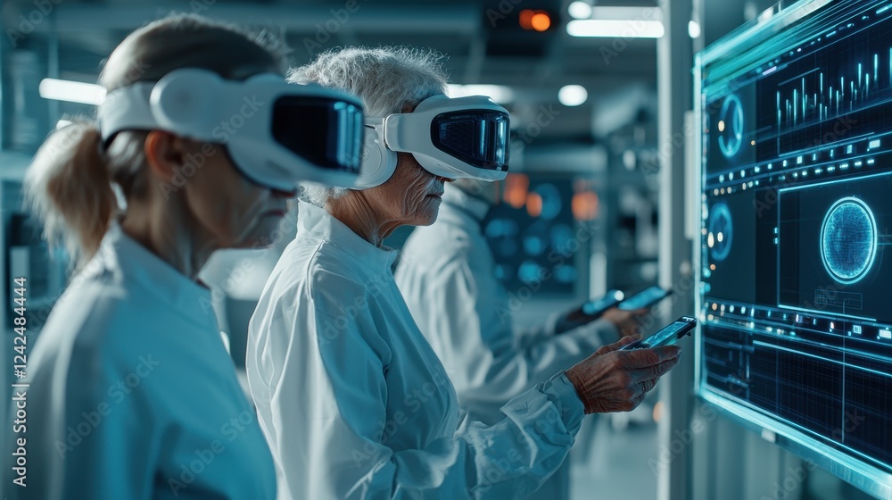 Poster advanced technology scene with individuals using vr headsets and data