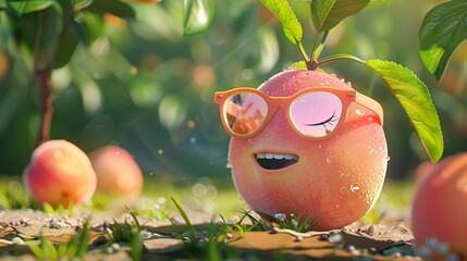 Cute 3D cartoon peach wearing sunglasses on a sunny day