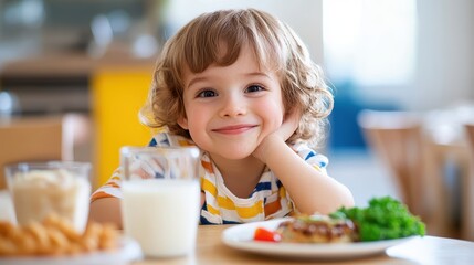 Happy toddler enjoying healthy meal, milk, veggies, and snacks. Perfect for blogs on healthy kids' diets and nutrition.