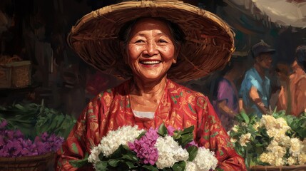 Fototapeta premium Joyful elderly woman holding colorful flowers in a vibrant market