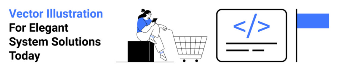 Woman sitting with shopping cart using smartphone, coding interface with symbol. Ideal for e-commerce, mobile apps, web development, tech solutions, digital businesses, coding, flat landing page
