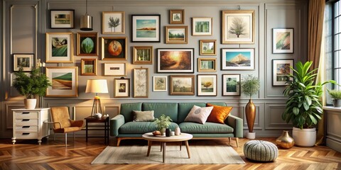 A beautifully styled room with a frame gallery on the wall featuring various artwork pieces in different styles and frames, artistic , wall decor