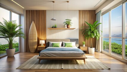 Fototapeta premium Minimalist Modern Bedroom Interior with Surfboard and King-Size Bed â€“ Stock Photo