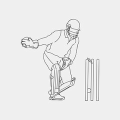 Dynamic Cricket Sport, One Line Drawing of Cricketer in Action. Wicket keeper vector line drawing illustration. hand drawn continuous one line cartoon doodle sketch drawing clip art of cricketer. 