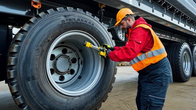 Truck Tire Maintenance: A focused technician meticulously tightens a lug nut on a large truck tire, showcasing expertise and precision in heavy-duty vehicle maintenance.