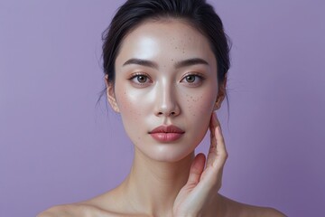 Beautiful Young Asian Woman with Radiant Skin on Soft Lavender Background for Tailored Skincare and Beauty Solutions