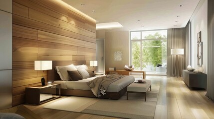 Fototapeta premium Cozy Modern Bedroom Featuring a Wooden Accent Wall and Soft Lighting