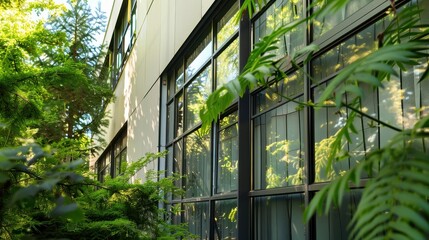 Fototapeta premium Modern building with large windows blending into lush greenery