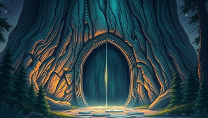Giant Tree-Born Door with Luminous Runes, Leading to a Sentient Woodland World – An ancient gateway of bark and glowing sigils, revealing a land where trees move, breathe, and reshape with the wind