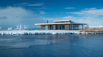 Fototapeta premium Modern house featuring open spaces by water and snow under blue skies