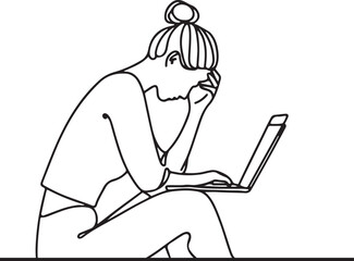 Line Drawing of Frustrated Woman with Computer
