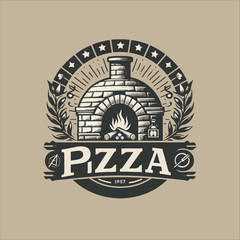 Vintage monochrome wood-fired pizza oven logo vector illustration