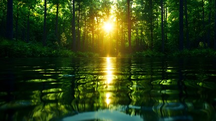 Obraz premium Golden Sunset Reflecting on Calm Forest River