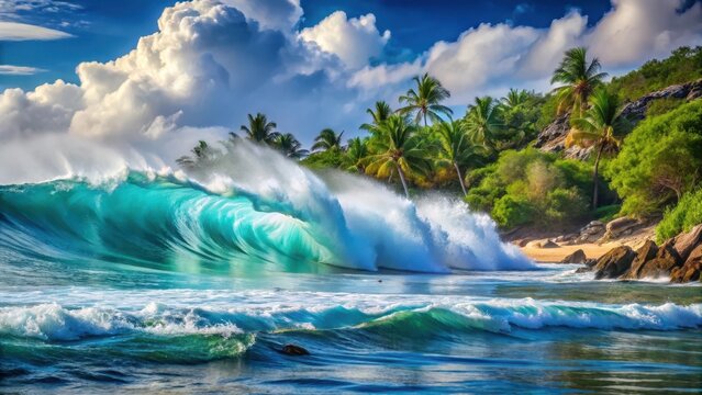 Powerful waves breaking against the coral reef at Anse Source d Absolu, shore, scenery,  shore, scenery, island,waves, blue, ocean