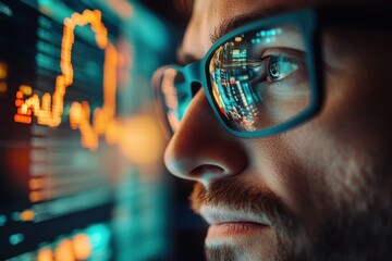Close-up of a man's face, glasses reflecting a stock market screen. Illustrates focus, analysis, and the digital world of finance.