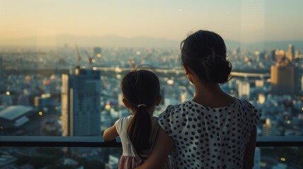 Fototapeta premium A mother and daughter enjoying a scenic city view together