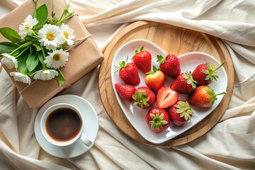 Romantic Valentine's Day Breakfast in Bed: Heart-Shaped Plate, Strawberries, Coffee, Flowers, and Gift