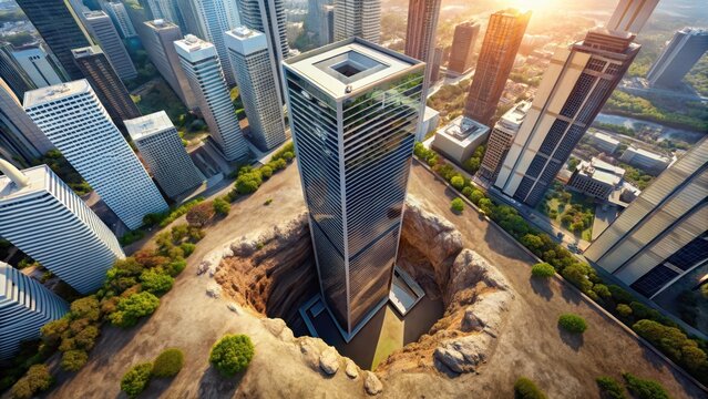 Aerial view of a modern skyscraper with its foundation sinking into the ground as it slowly sinks into the earth, urban, building motions