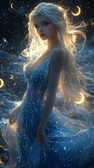 Obraz premium A mystical figure in a shimmering blue dress stands by the water, surrounded by glowing moons.