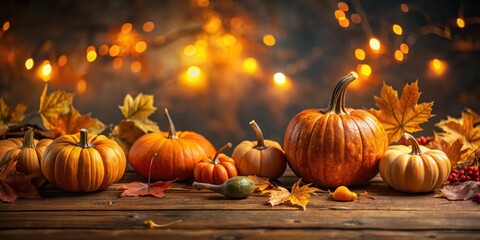 Pumpkin patch on dark wood table with fall leaves and warm lighting