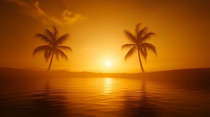 Golden Sunset Silhouette Palm Trees Tropical Beach