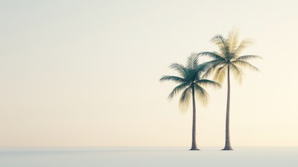Two palm trees on beach at sunrise, minimal background, idyllic vacation scene