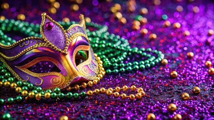 Obraz premium Colorful Mardi Gras mask and beads scattered on a festive purple carpet, celebration, decorations, celebration