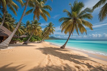 Obraz premium Breathtaking Beach View of Golden Sands and Tall Coconut Trees Over Crystal Clear Lagoon