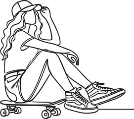 Minimalist Line Drawing Young Woman on Skateboard