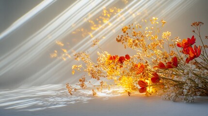 Vibrant golden light beams in a flower arrangement isolated on a white background