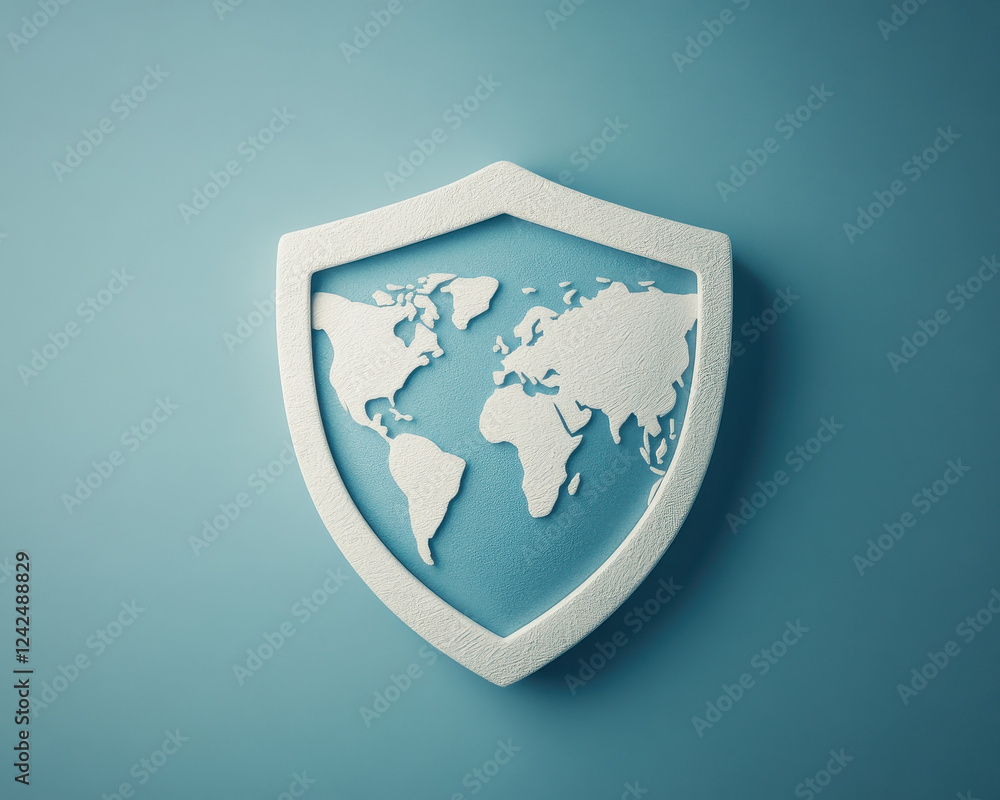 Poster 3d security emblem featuring world map on blue background, symbolizing global protection and safety.