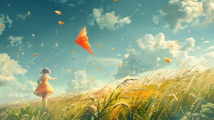 Peach character flying a kite on a windy day