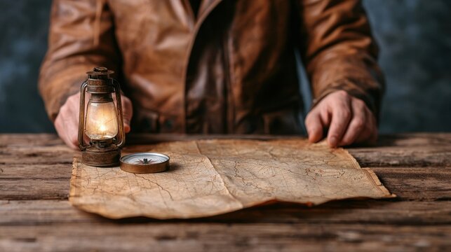 Vintage Map and Lantern in Hands of Adventurer on Wooden Table