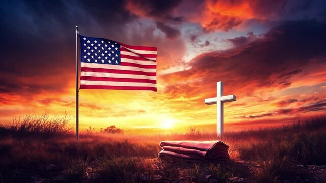 American Sunset Remembrance: A poignant scene unfolds at sunset, where an American flag and a cross stand vigil over a simple grave, symbolizing remembrance and the enduring spirit of patriotism.