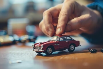 Person carefully examining a detailed miniature car model on a table