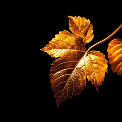 Golden Vine Leaf Close-up on Black Background