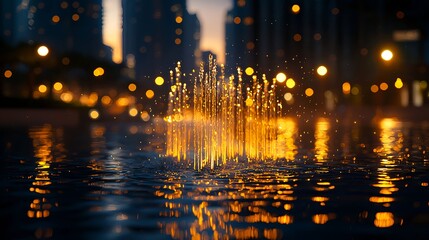 Golden Water Fountain at Night in City