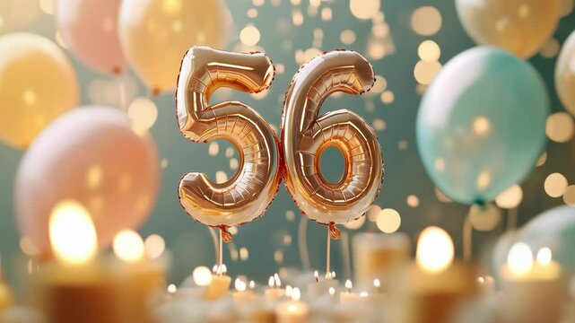 Golden Birthday Celebration with Floating Balloons and Candles for a 56th Birthday Milestone Featuring Festive Glittering Background