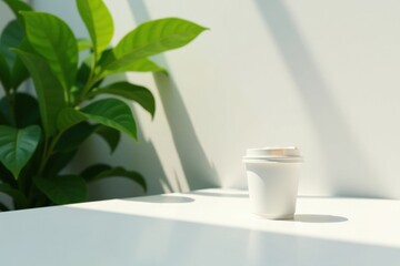 Sunlit Still Life A Single White Coffee Cup on a Bright Surface Near Lush Greenery