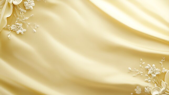 Pale yellow satin fabric, floral accents, elegant background, wedding invitation