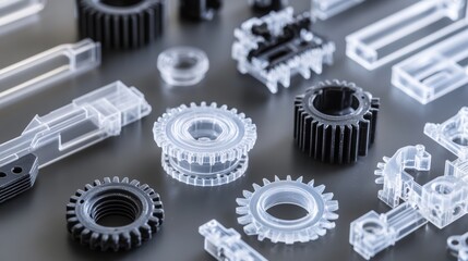 Assorted plastic transparent components Precision engineered robust thermoplastic parts focusing on injection moulded flexible gears connectors and supportive pieces