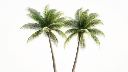 Two coconut palms, tropical scene, white background, summer vacation